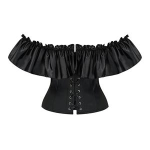 Black Gothic Corset Top - Ruffled Off-Shoulder Bustier with Metal Ring Lacing N237826