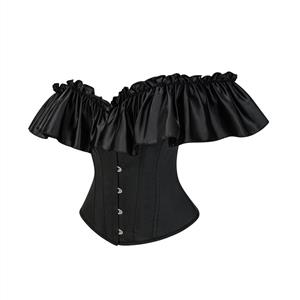 Black Gothic Corset Top - Ruffled Off-Shoulder Bustier with Metal Ring Lacing N237826