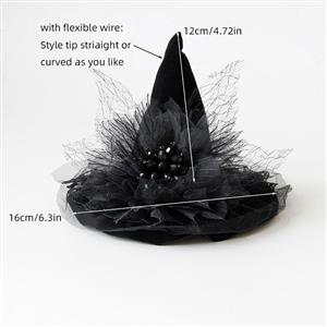 Black Handmade Beaded Witch Hat Halloween Headpiece Mesh Veil Hair Clip for Women J23976