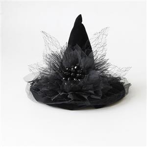 Black Handmade Beaded Witch Hat Halloween Headpiece Mesh Veil Hair Clip for Women J23976