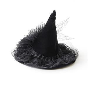 Black Handmade Beaded Witch Hat Halloween Headpiece Mesh Veil Hair Clip for Women J23976