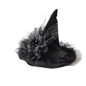 Black Handmade Beaded Witch Hat Halloween Headpiece Mesh Veil Hair Clip for Women J23976