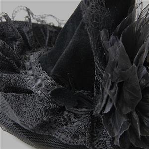 Black Handmade Beaded Witch Hat Halloween Headpiece Mesh Veil Hair Clip for Women J23976
