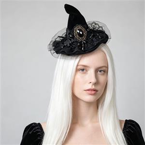 Black witch hat, handmade beaded headpiece, Halloween hair accessory, mesh veil fascinator, gothic hair clip, stage performance headwear, 3D floral hair piece, feather accent hat, dark elegance accessory, costume headpiece, women's hair decoration, party hair clip, cosplay accessory, vintage inspired fascinator, beaded flower hair piece #J23977