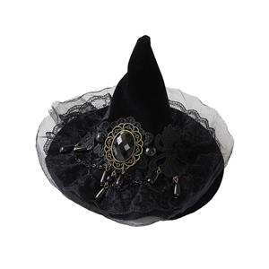 Black Handmade Beaded Witch Hat Halloween Headpiece Mesh Veil Hair Clip for Women J23977
