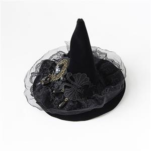 Black Handmade Beaded Witch Hat Halloween Headpiece Mesh Veil Hair Clip for Women J23977
