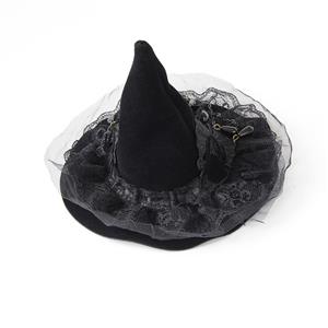 Black Handmade Beaded Witch Hat Halloween Headpiece Mesh Veil Hair Clip for Women J23977