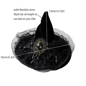 Black Handmade Beaded Witch Hat Halloween Headpiece Mesh Veil Hair Clip for Women J23977