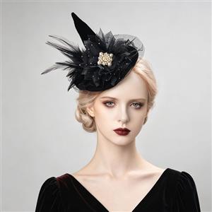 Black witch hat, handmade beaded headpiece, Halloween hair accessory, mesh veil fascinator, gothic hair clip, stage performance headwear, 3D floral hair piece, feather accent hat, dark elegance accessory, costume headpiece, women's hair decoration, party hair clip, cosplay accessory, vintage inspired fascinator, beaded flower hair piece #J23978