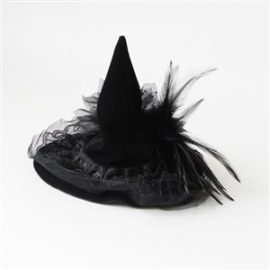 Black Handmade Beaded Witch Hat Halloween Headpiece Mesh Veil Hair Clip for Women J23978