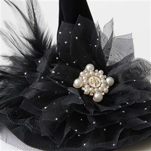 Black Handmade Beaded Witch Hat Halloween Headpiece Mesh Veil Hair Clip for Women J23978