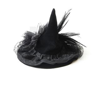 Black Handmade Beaded Witch Hat Halloween Headpiece Mesh Veil Hair Clip for Women J23978