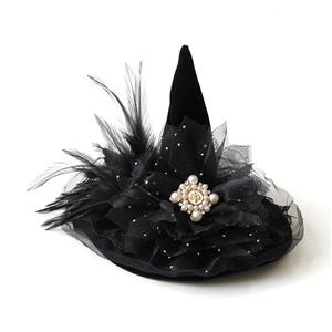 Black Handmade Beaded Witch Hat Halloween Headpiece Mesh Veil Hair Clip for Women J23978