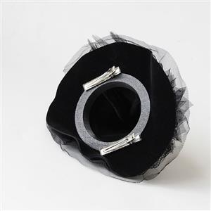 Black Handmade Beaded Witch Hat Halloween Headpiece Mesh Veil Hair Clip for Women J23978