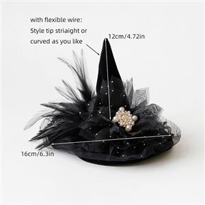 Black Handmade Beaded Witch Hat Halloween Headpiece Mesh Veil Hair Clip for Women J23978