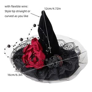 Black Handmade Beaded Witch Hat Halloween Headpiece Mesh Veil Hair Clip for Women J23979