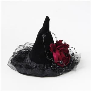 Black Handmade Beaded Witch Hat Halloween Headpiece Mesh Veil Hair Clip for Women J23979