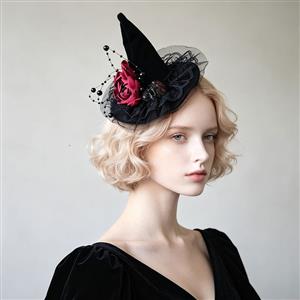 Black Handmade Beaded Witch Hat Halloween Headpiece Mesh Veil Hair Clip for Women J23979