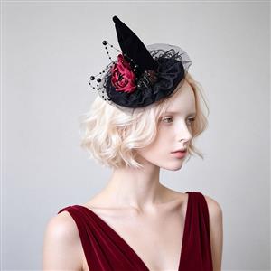 Black Handmade Beaded Witch Hat Halloween Headpiece Mesh Veil Hair Clip for Women J23979