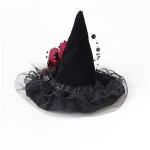 Black Handmade Beaded Witch Hat Halloween Headpiece Mesh Veil Hair Clip for Women J23979