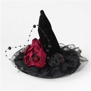 Black Handmade Beaded Witch Hat Halloween Headpiece Mesh Veil Hair Clip for Women J23979