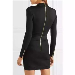 Women's Sexy Black High Neck Long Sleeve Hollow Out Lace-up  Bodycon Dress N16304