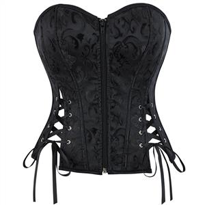 Black Bustier, Jacquard Corset, Front Lace-Up, Adjustable Corset, Strapless Top, Waist Cincher, Vintage Lingerie, Figure Shaping, Evening Wear, Body Shaper, Satin Bow, Metal Grommet, Retro Fashion, Special Occasion, Feminine Shapewear #N23858