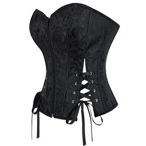 Black Jacquard Bustier with Front Lace-Up, Adjustable Corset Top N23858