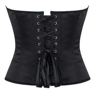 Black Satin Bustier with Front Zipper and Side Lace-Up, Strapless Corset Top N23859