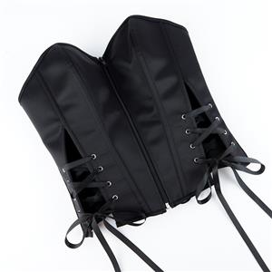 Black Satin Bustier with Front Zipper and Side Lace-Up, Strapless Corset Top N23859