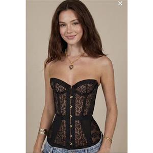 Black Lace Front - Closure Corset Top with Boning & Off - Shoulder Design N23918