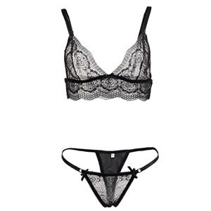 Sexy Black Floral Sheer Lace Bra Top and Panty Lingerie Set  N16140