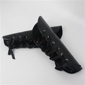Gothic Black Leather Arm Sleeves - Adjustable Lace-Up Design for Cosplay & Fashion N23787