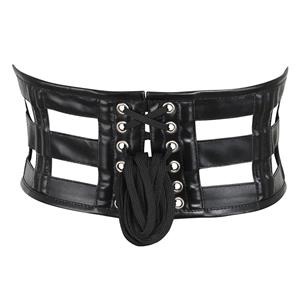 Black Leather Corset Belt with Lace-Up Detail, Gothic Punk Wide Waist Cincher Belt for Women N23903