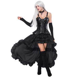 Women's Plastic Boned Leather Strappy Outerwear Corset High-low Skirt Set N16231