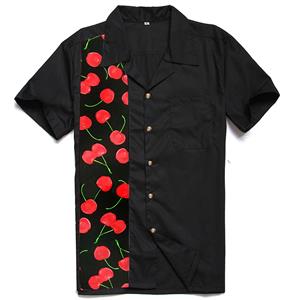 Black Male Retro Cherry Print Casual Fifties Bowling Shirt N16683