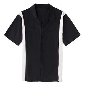 Fashion Black Splicing Panel Casual Fifties Bowling Shirt with Pocket N17185