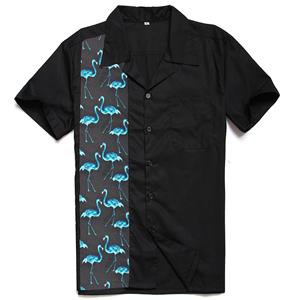 Black Flamingo Print Male Fifties Bowling Shirt N17721