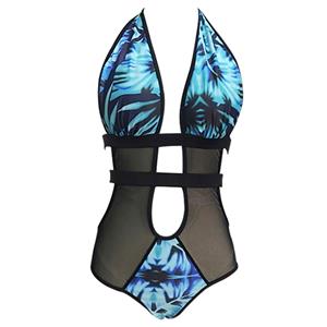 Sexy Halter Blue Plant Print Swimsuit, One-piece Plant Print Swimsuit, Sexy Strappy Swimsuit, #N12616