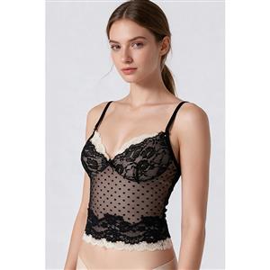 Women's Sheer Mesh Top, Black Polka Dot Camisole, Lace Trim Bustier, Spaghetti Strap Top, Scalloped Lace Edge, See Through Mesh Shirt, Floral Lace Detail, Lightweight Sheer Fabric, Layering Camisole, Romantic Style, Sexy Clubwear, Date Night Top, Women's Fashion, Statement Piece, Photo Shoot Outfit #N23986