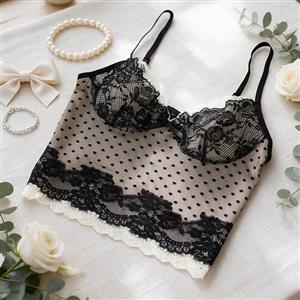 Women's Black Polka Dot Sheer Mesh Lace Trim Spaghetti Strap Camisole Bustier Top N23986
