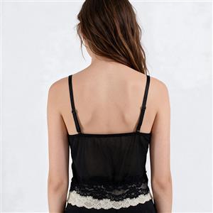 Women's Black Polka Dot Sheer Mesh Lace Trim Spaghetti Strap Camisole Bustier Top N23986