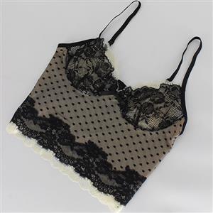 Women's Black Polka Dot Sheer Mesh Lace Trim Spaghetti Strap Camisole Bustier Top N23986