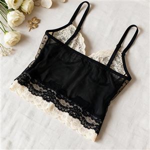 Women's Black Polka Dot Sheer Mesh Lace Trim Spaghetti Strap Camisole Bustier Top N23986