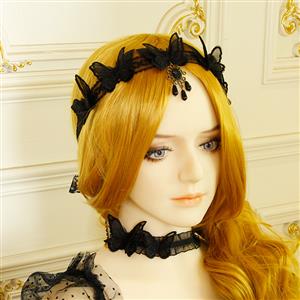 Black Queen Pendant Lace Butterfly Hairband J19188