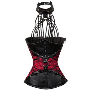 Steampunk Goth Halterneck Brocade Faux Leather Steel Boned Underbust Corset N12583