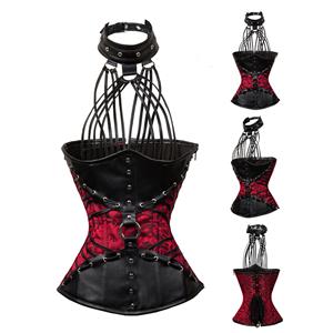 Steampunk Goth Halterneck Brocade Faux Leather Steel Boned Underbust Corset N12583