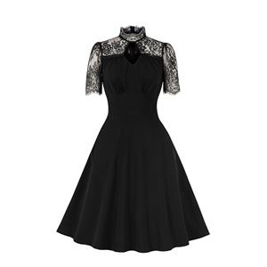 Vintage Black Lace Patchwork Stand Neck High Waist A-line Midi Dress N23009