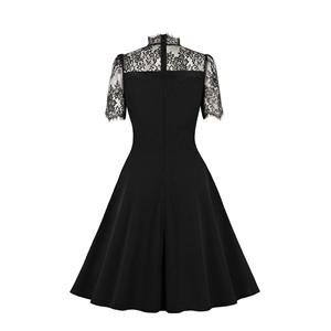 Vintage Black Lace Patchwork Stand Neck High Waist A-line Midi Dress N23009