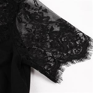 Vintage Black Lace Patchwork Stand Neck High Waist A-line Midi Dress N23009